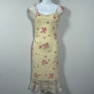 Byer Too! Floral Chiffon Midi Dress Womens 3 Yellow Pink Vintage 90s Babydoll